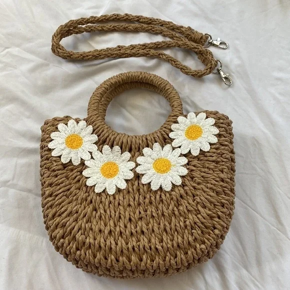 Daisy Embellished Raffia Straw Convertible Crossbody Bag - Picture 3 of 14